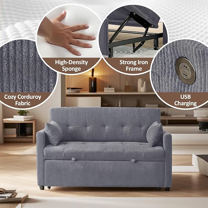 Sofa Bed Loveseat 3-in-1 Sleeper Sofa with Pull Out Bed Pockets and USB Modern 2 Seater Convertible Small Couch for Living Room Bedroom Apartment (Gray Corduroy)