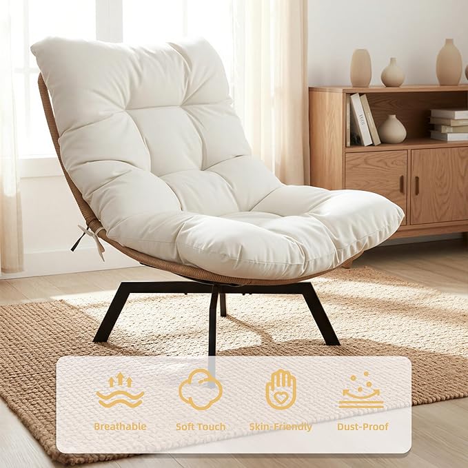 JAMFLY Accent Chair Modern Wicker Swivel Living Room Chairs with Oversized Seat &amp Cushion Papasan Chair Metal Frame Phone Pocket for Bedroom Study Balcony Beige