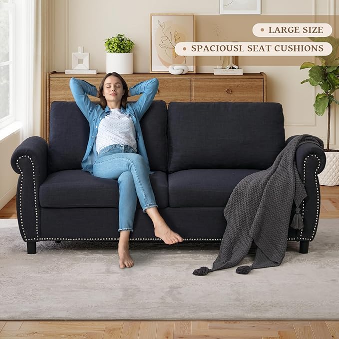 Full Size Pull Out Sofa Bed 3 in 1 Linen Convertible Loveseat Sleeper Sofa Bed with Memory Form Mattress Pull Out Couch with Nailhead Trim &amp Roll Arms for Living Room Bedroom Small Space(Grey)