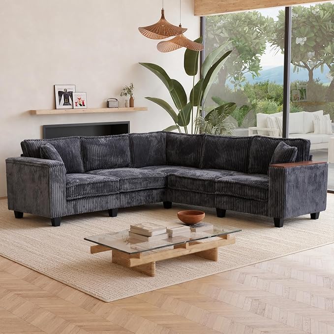 97 Inches Corduroy Couch with 2 Pillows Deep Seat Sectional Sofa Armrests with Two Hidden Storage Space Corner Couch Oversized L Shaped Cloud Couches for Living Room Grey