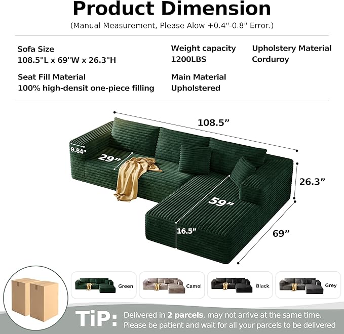 108.2 Modular Sectional Sofa with Deep Seat Boneless L Shaped Corduroy Couch Modern Comfort Cloud Couch Oversized for Living Room No Assembly (Right Facing ChaiseGreen)