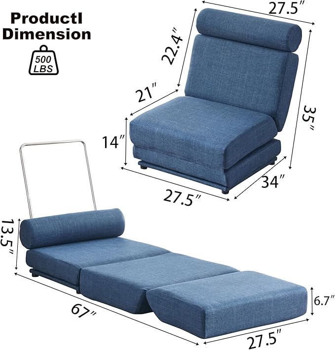 Convertible Chair Bed Sleeper&amp Floor Futon Sofa Bed Chair Fold Out Sleeper Chair Bed with Pillow Single Sofa Chair for Bedroom Living Room Small Space (Blue)