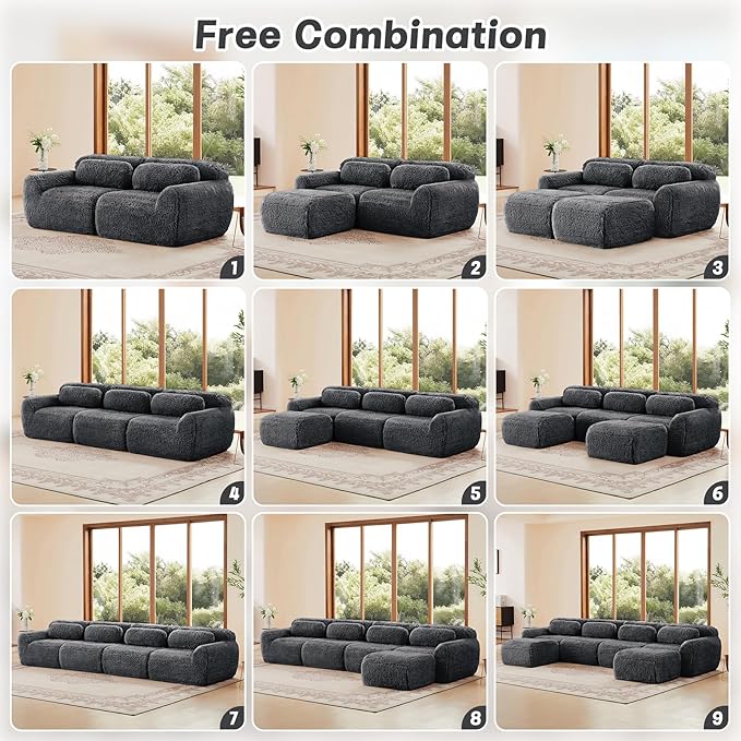 115 Sectional Couches for Living Room Comfy Boneless Couch 3 Seater Cloud Sofa Compressed L Shaped Couch with Ottoman Modern Modular Sectional Plush Floor Sofa No Assembly (Grey)