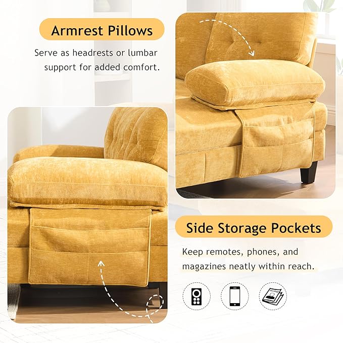 P PURLOVE Chenille Modern Large Sectional Sofa U-Shaped Sectional Sofa Couch with Dual Chaise Lounges Storage Pockets and Armrest Pillows for Living Room (Yellow)