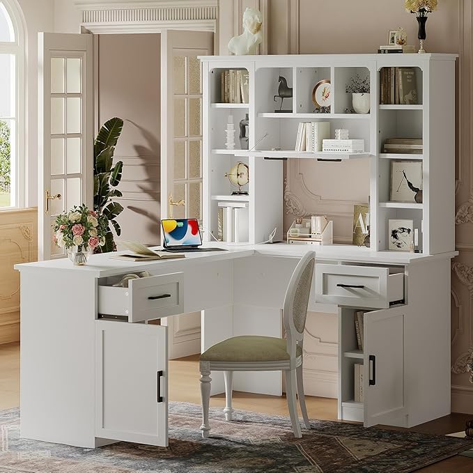 L Shaped Desk with Hutch Corner Computer Desk with Storage Shelf &amp Cabinet Laptop Pc Table Gaming Desk Workstation Modern Executive Study Writing Desk for Home Office Bedroom (White)