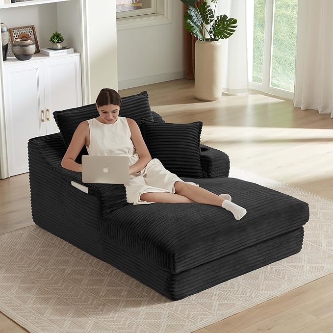 67.7 Oversized Chaise Lounge Chair Indoor Modern Corduroy Single Sleeper Couch Chair with 3 Soft Pillows＆Cup Holder Boneless Cloud Couch Single Seat Sofa for Living Room Bedroom (Black)