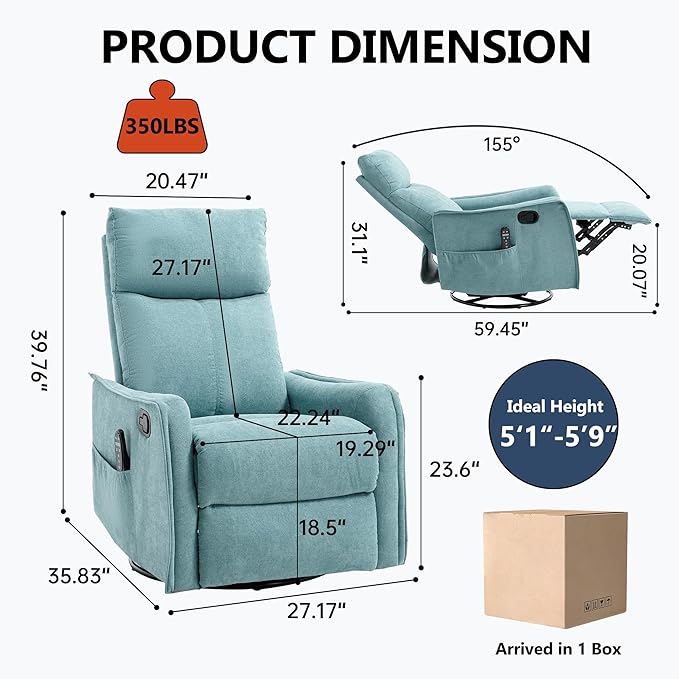 PELUMY 360 Swivel Rocking Recliner Chair for Adults Nursery Rocking Chair with Heat and Massage Glider Reclining Chair for Small Space Living Room Bedroom (Teal)