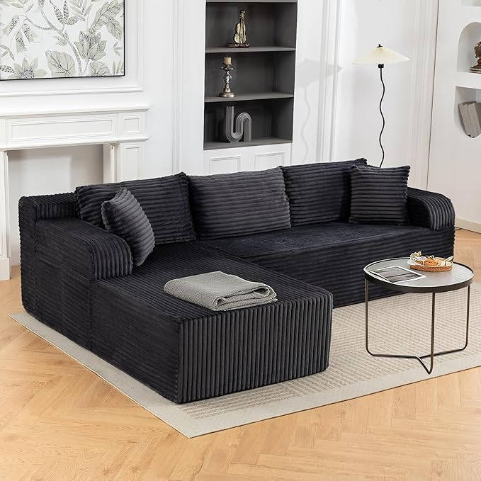 106” Cloud Modular Sectional Sofa with L-Shape Chaise and Deep Seat Corduroy Memory Foam Boneless Compressed Couch for Living Room No Assembly Required(Left Facing Chaise Dark Grey)