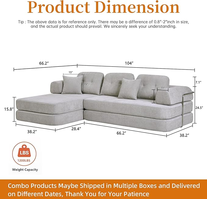 104 Modular Sectional Sofa Boneless Couch for Living RoomL-Shape Modular Sofa Bed with Fixed-Shape FrameFolding Floor Convertible Sofa Couch Bed with Reversible Chaise