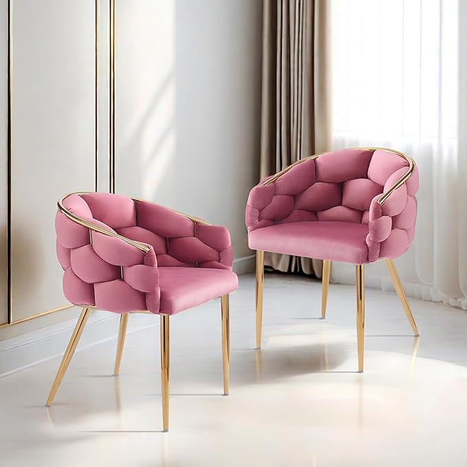 Christopher Knight Home Middlemist Barrel Accent Chairs Luxury Velvet Armchairs Modern Upholstered Chairs with Gold Legs Knitting Process for Living Room Home Rest Home Office(Set of 2) Pink
