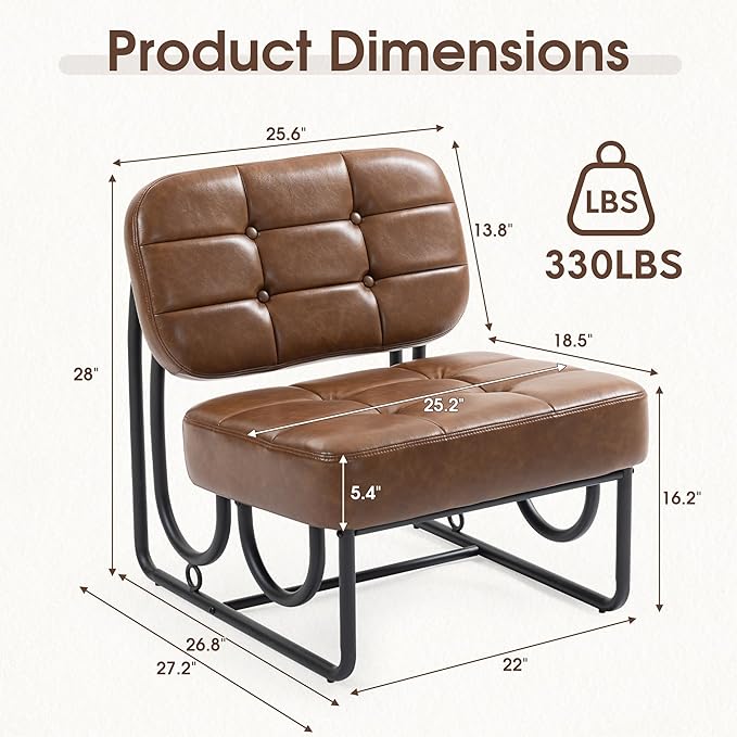 Armless Accent Chair Mid Century Modern Upholstered Leather Chair with Metal Frame 64 Wide Vintage Design for Bedroom Living Room Office Brown