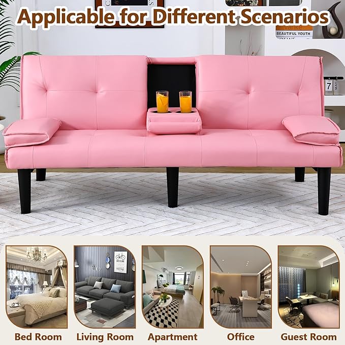 67” Futon Sofa Bed with Pillows Modern Convertible Futon Couch with 2 Cup Holders&amp Removable Armrests for Small Spaces Living Room Solid Wood Frame (Pink PU Leather)