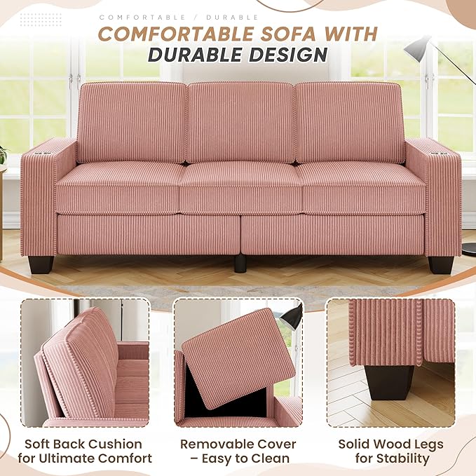 83.86 Corduroy 3-Seater Sofa with Extra Deep Seat Modern Cloud Couch with 2 Cup Holders Comfy Upholstered Sofa for Living Room Apartment &amp Office Pink