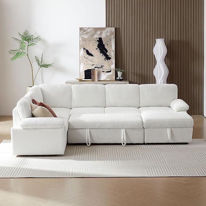KEIKI 118 L-Shaped Oversized Modular Corduroy Sectional Sofa with Right Chaise Lounge Pull-Out Bed Upholstered Convertible 4-Seater Couch with Storage Seat Easy Assembly for Living Room Beige