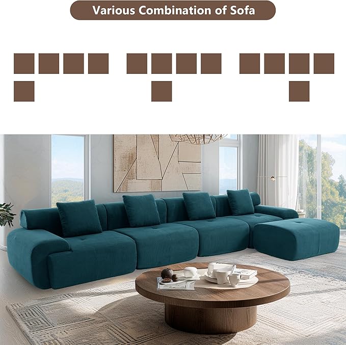 L-Shaped Boneless Modular Sectional Sofa Boneless Sectional Couch Oversized 4-Seater Cloud Couch with Deep Seat and Movable Ottoman for Living Room Apartment Green