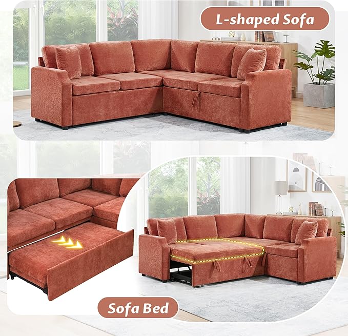 81.9 Sectional Sofa Convertible Pull-Out Sofa Bed Upholstered L-Shaped Sofa Couch with a Sofa Sleeper and a Hidden Storage Compartment for Living Room Apartment (Orange-7.2)