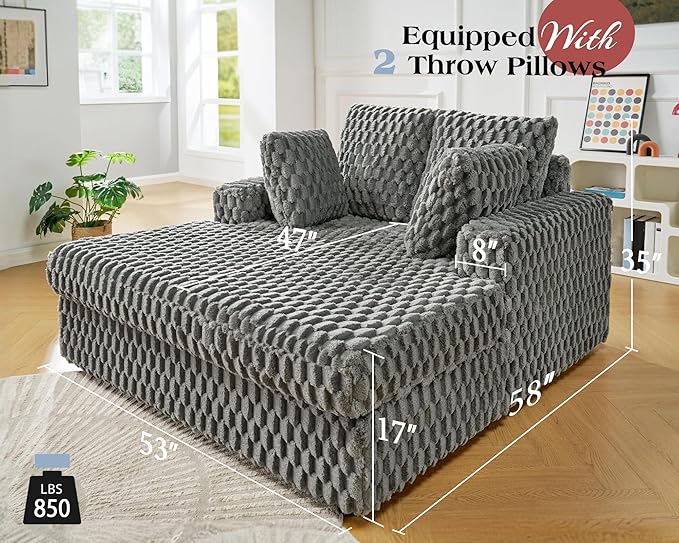 VanAcc 58-Inch Plush Sleeper Chair with Throw Pillows Upholstered Chaise Lounge &amp Sofa Bed with Armrests for Living Room Ash Grey
