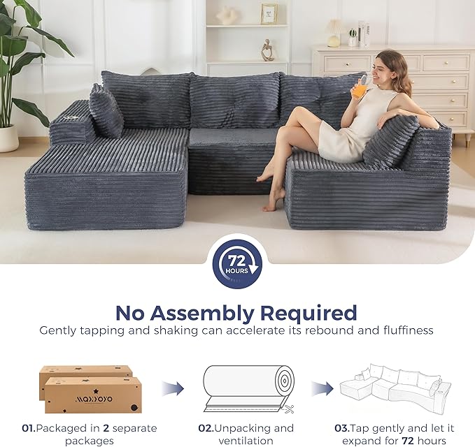 MAXYOYO 132 Oversize Modular Sectional Couch with L-Shape Chaise Modern Boneless Couch for Living Room Sofa in A Box Oversized Sofa Sleeper with Deep Seat No Assembly Required Dark Grey