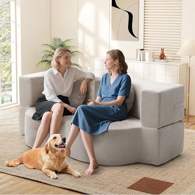 Folding Futon Sofa Bed Modern Convertible Fold Out Chenille Cloud Memory Foam Boneless Floor Lounge Loveseat Sleeper Mattress Sofa Couch with 2 Pillows for Guest Room Living Room Office Beige
