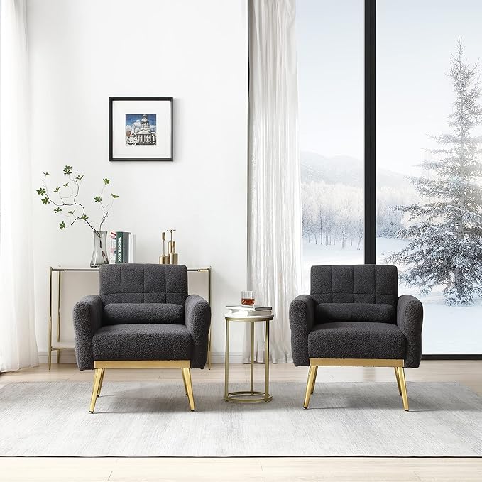 Modern Chair Lounge Chair Armchair Accent Living Room Chair with Tapered Metal Legs and Waist Pillow LoungeTeddy Fabric Gray