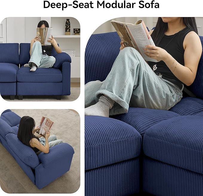 118'' U-Shaped Sectional Couch with 2 Ottoman Oversized Modular Couches for Living Room Corduroy Deep Seat Cloud Sofa with Center Stitched Blue