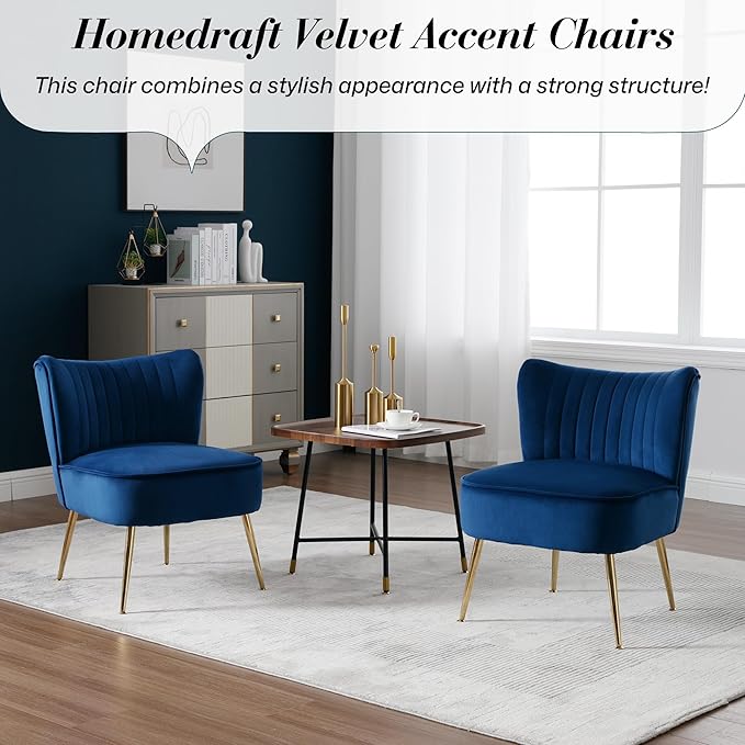 Velvet Accent Chair Set of 2 Comfy Upholstered Side Chair with Gold Metal Legs and Padded Seat Modern Small Corner Armless Living Room Chairs with Wing Back Blue