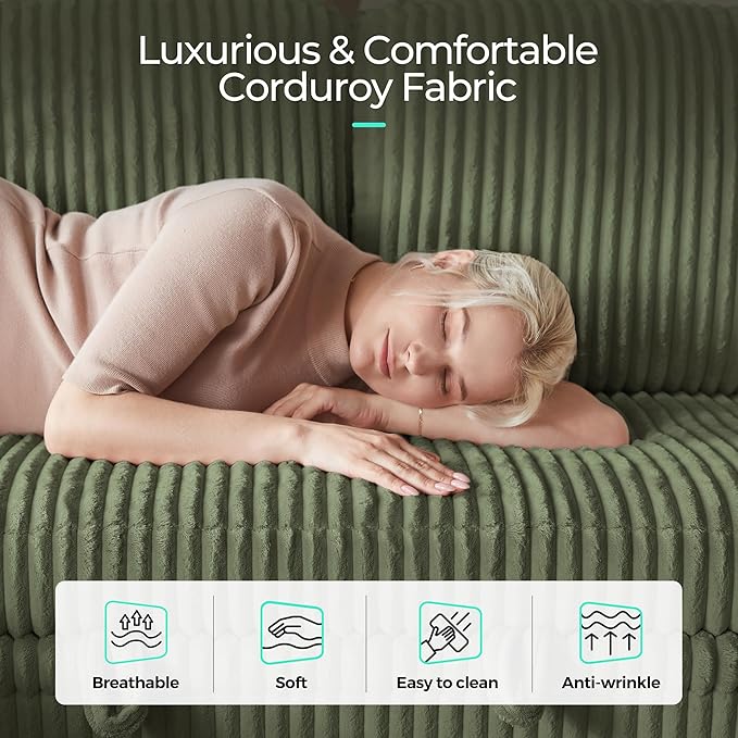 LINSY HOME Pull Out Sleeper Sofa Sectional Couches for Living Room L Shaped Plush Corduroy Couch with Storage&ampUSB Charging Convertible Cloud Sectional Sofa Bed for Apartment Green
