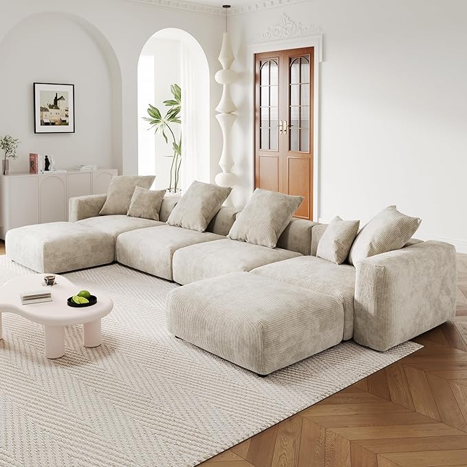 U-Shaped Couch Modular Sectional Sofa181.1 Oversized Corduroy Modular Sectional with Chaise Ottomans for Living Room Wide 6 Seater Sofa Couch Module's Cover Removable&amp Washable (Beige)