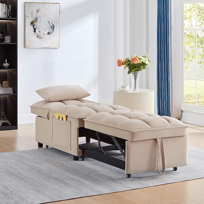 4 in 1 Multi-Function Single Sofa Bed Pull Out Couch with Adjust Backrest Tufted Single Pull-Out Sofa Bed with Storage Pockets and 2 Pillows Velvet Chaise Lounge for Bedroom Living Room (Taupe)