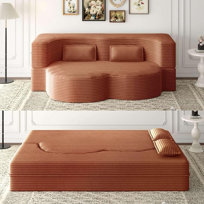 Modern 2-in-1 Convertible Sofa Bed 78 Full Size Corduroy Floor Sofa with 2 Pillows Folding Mattress Sleeper for Living Room &amp Guest Room No Assembly Required
