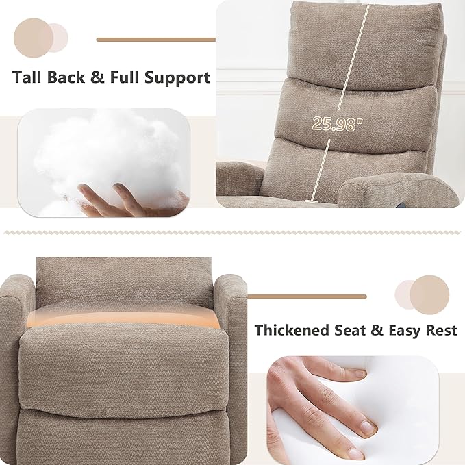 cinkehome Swivel Rocker Recliner Chair Upholstered Nursery Glider Recliner Chair with Heated Massage High Back Side Pocket (Khaki Chenille Fabric)