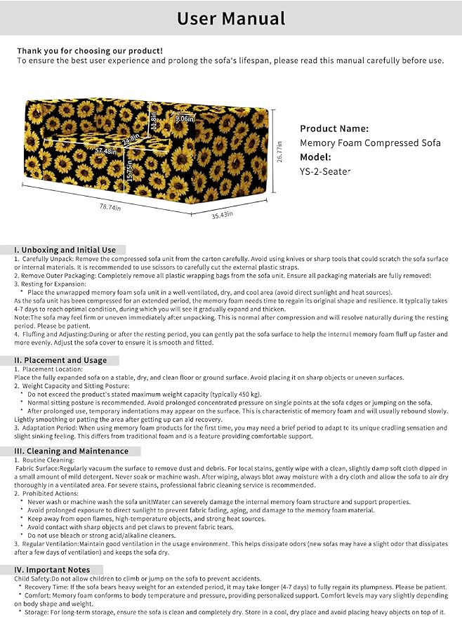 Loveseat Sofa Boneless Couch in a Box with Sunflowers Print Small Couch for Small Spaces High-Resiliency Memory Foam No Assembly Required for Living Room Bedroom Office