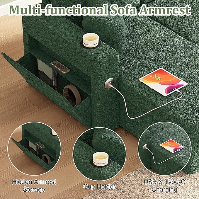 82 Inch L-Shape Sectional Couch 4-in-1 Multifunctional Pull-Out Couch Sleeper Sofa with Storage Chaise Charging Station Cup Holder for Living Room/Office/Apartment (Green)