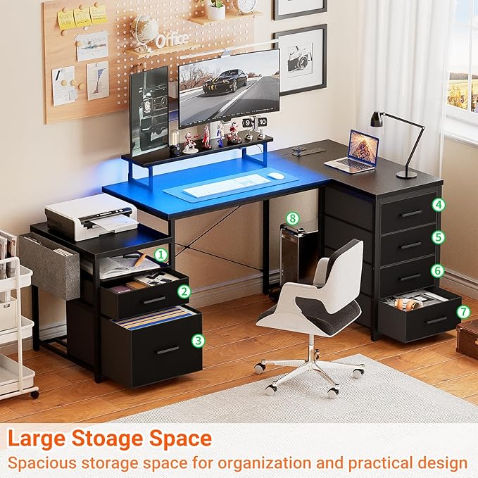 Unikito Reversible L Shaped Computer Desk with Fabric File Drawers 70.8 Large Office Corner Desk with RGB LED Lights &amp Power Outlets &amp Monitor Stand &amp CPU Stand Sturdy L Shape Gaming De