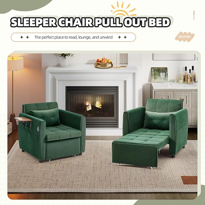 Convertible Sleeper Chair Bed for Adults Pull Out Chair Bed w/USB Port Foldable Table &amp Bottom Storage 4 in 1 Reclining Sleeper Sofa for Dorm/Bedroom Green