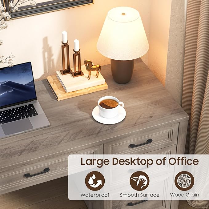Farmhouse Executive Desk Wood Home Office Desk with 2 Large File Drawers and 5 Storage Cabinets Rustic Writing Desk for Work and Study Grey