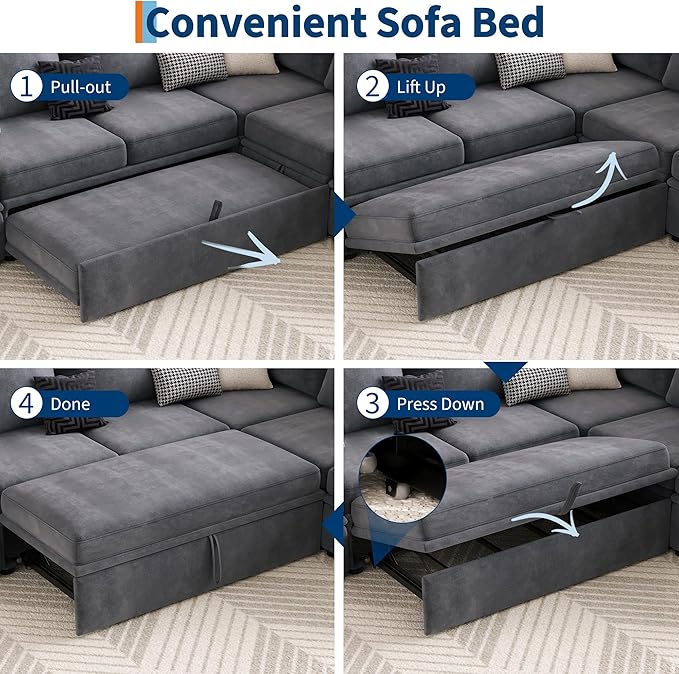 Garvee Sectional Sleeper Couch with Pull Out Sofa Bed Corduroy Modular Sectional Sofa L Shaped 5 Seat Couch with Storage Seat Sectional Couches for Living Room