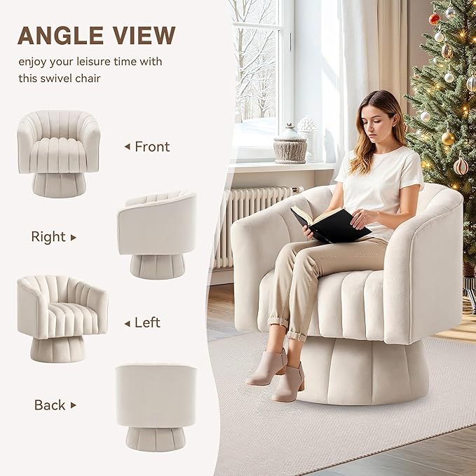 YSICK Swivel Accent Chair 360°Swivel Barrel Chair Modern Ottoman with Velvet Fabric Mid-Century Ottoman with Wide Upholstered Round Armchair for Living Room Lounge BedroomBeige