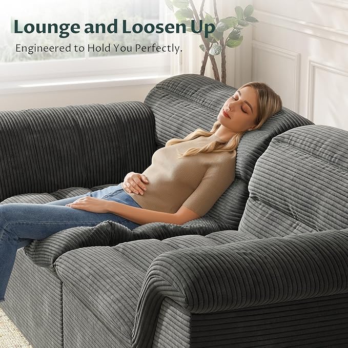 88 Sofa with Deep Seats Oversize 3 Seater Cloud Couches Upholstered Corduroy Couch for Living Room Bedroom No Assembly Required Dark Gray