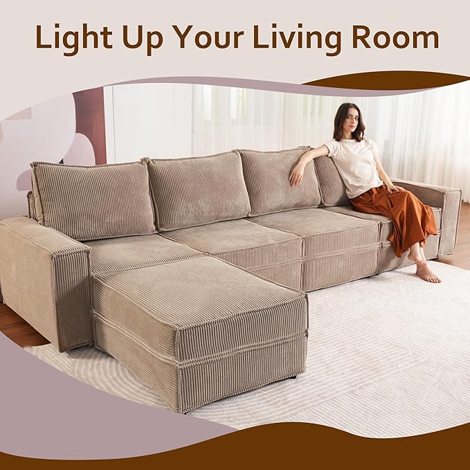 HOOOWOOO Modular Sectional Sofa CouchU L Shaped Free Combination Couch ChairsCloud Sofa with Ottomans Chaise 6 Pieces Set for Living Room(Beige Corduroy)