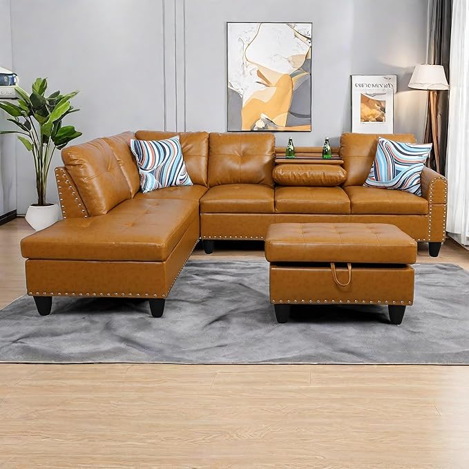 L Shaped Sectional Couches Convertible Lounge Leather Couch with Reversible Cup Holder Nail-Head Design Modern Modular Sectional Sofa for Living Room Furniture Sets Orange B