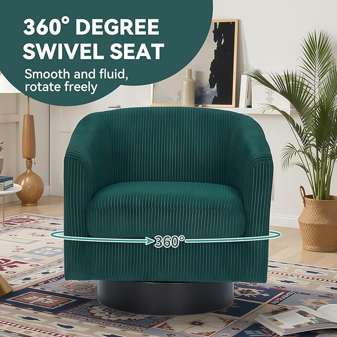 Swivel Accent Chair 360° Swivel Barrel Chair Comfy Upholstered Corduroy Club Armchair for Living Room Reading Room Bedroom (Dark Green)