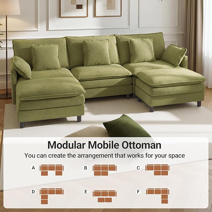 110 U-Shaped Modular Sectional Couch Modern Cloud Couch with Ottoman 5-Seat Chenille Sofa with Pillows Deep Seat Comfy Couch for Living Room Bedroom Green