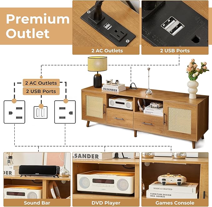 TV Stand for 70 Inch TV 63 Modern Entertainment Center with LED Light &amp Storage Shelves 2 Drawers and Cabinets Boho TV Stand with Outlet for Living Room (Oak)