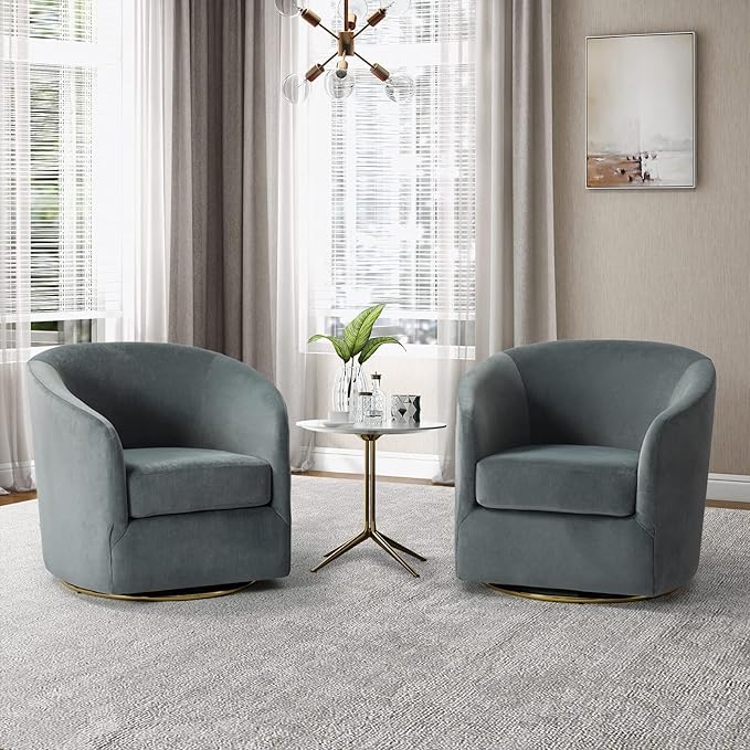 HULALA HOME Swivel Accent Chair with Gold Metal Base Set of 2 Contemporary Velvet Curved Swivel Barrel Chair Upholstered Club Armchair Leisure Single Sofa for Living Room Nursery Bedroom(Grey)