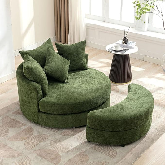 Yoglad Oversized Round Swivel Accent Chair - Modern 360 Degree Barrel Chairs with Storage Ottoman for Living Room Bedroom(Chenille - Green)
