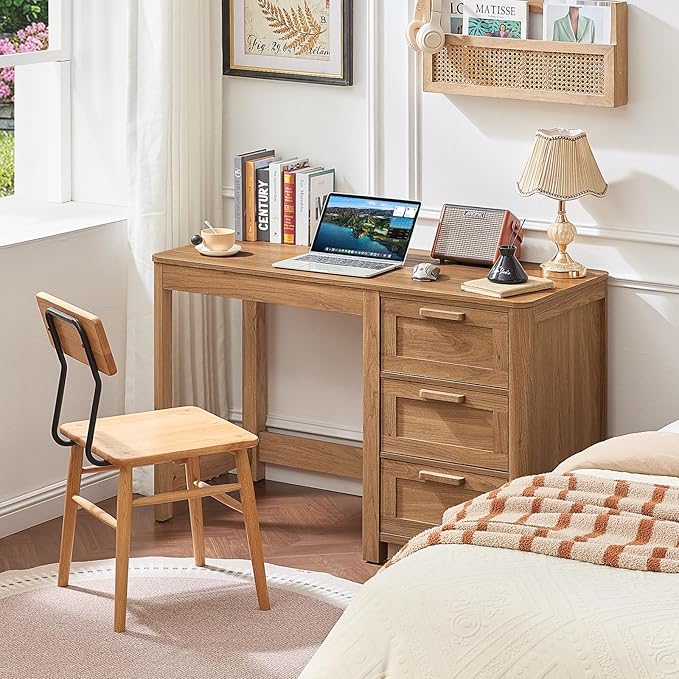 Office Desk 48 with 3 Drawers Storage File Cabinet Wood Farmhouse Desk for Computer Office Bedroom Home Furniture Brown