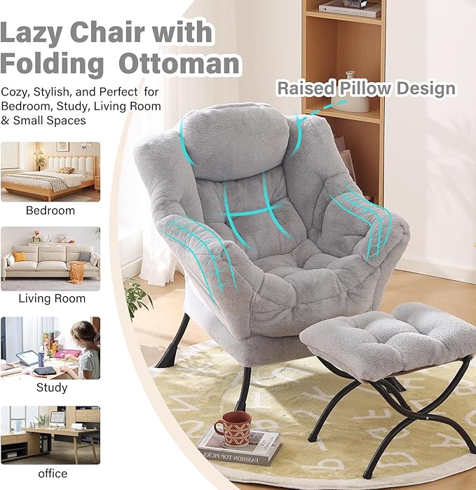 Lazy Chair with Ottoman Modern Accent Chair with Armrests and a Side Pocket Plush Grey Accent Chairs Reading Chairs Oversized Armchairs for Bedroom Study Living Room Courtyard