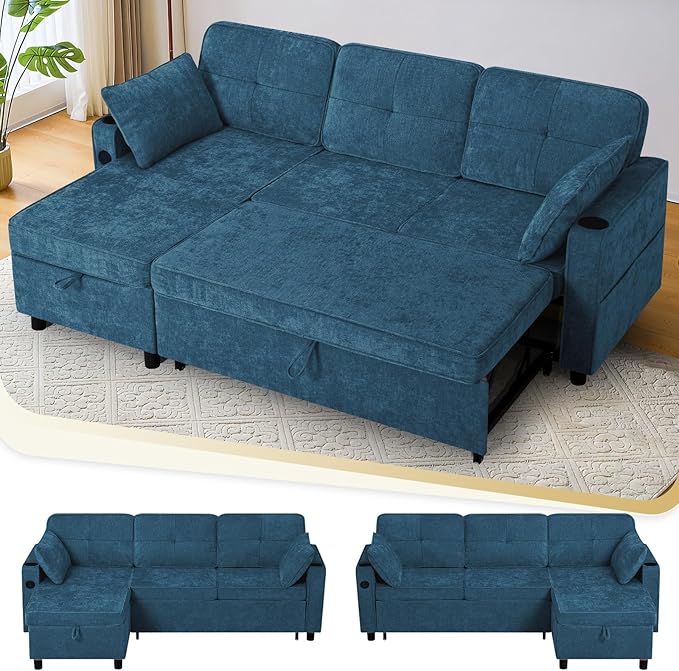 84“ Chenille Sectional Sofa w/Pull-Out Sofa Bed &amp Adjustable Backrest Tufted L-Shaped Couch w/Storage Chaise Sleeper Sofa w/USB Port &amp Cup Holders for Living Room Blue