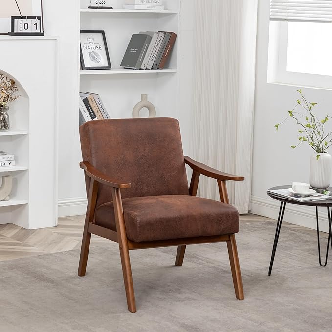 Accent Chair with Microfiber Upholstery and Solid Wood e Classic Mid Century Living Room Furniture for Extra Seating Light Brown
